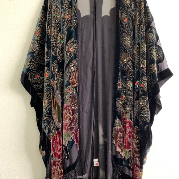 VINTAGE shawl cover up velvet beads embroidery peacock floral OS silk blend - Picture 4 of 16